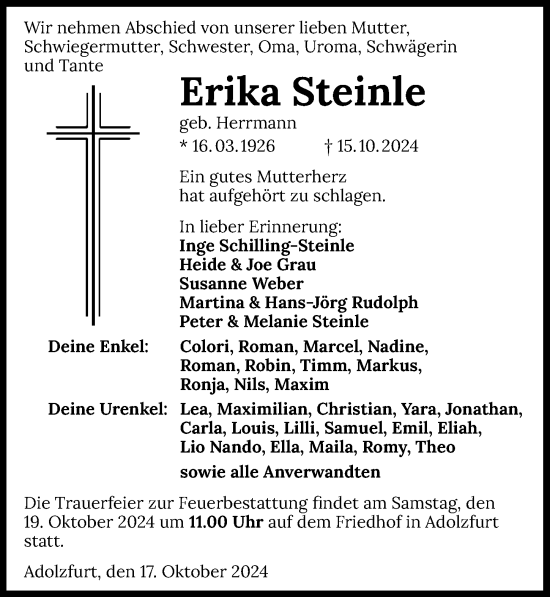 Traueranzeige von Erika Steinle von GESAMT