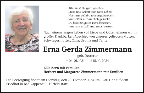 Traueranzeige von Erna Gerda Zimmermann von GESAMT