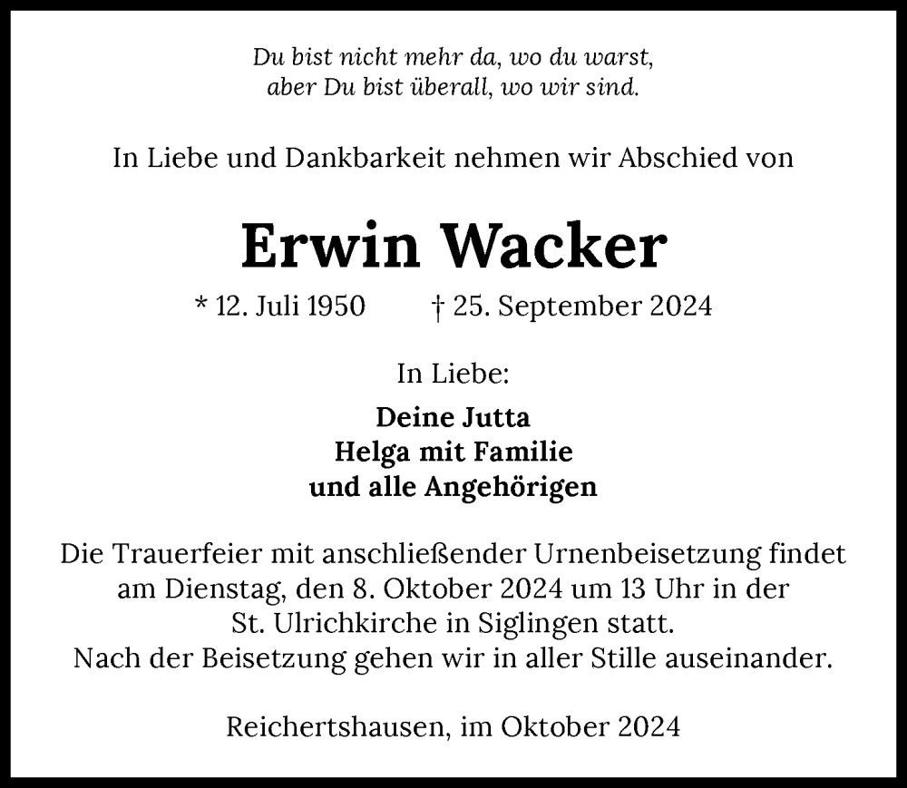  Traueranzeige für Erwin Wacker vom 05.10.2024 aus GESAMT