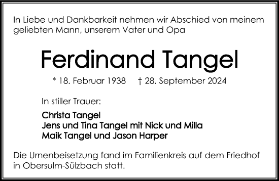 Traueranzeige von Ferdinand Tangel von GESAMT