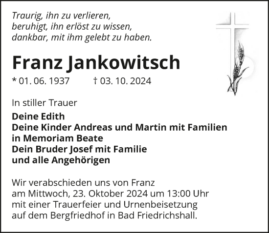 Traueranzeige von Franz Jankowitsch von GESAMT