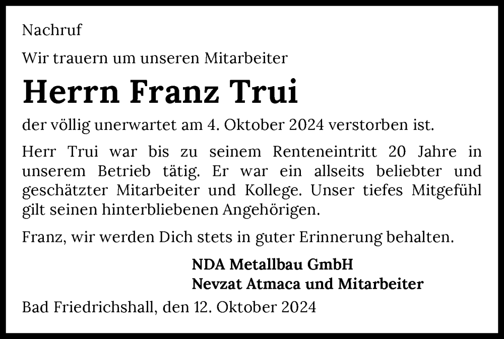  Traueranzeige für Franz Trui vom 12.10.2024 aus GESAMT