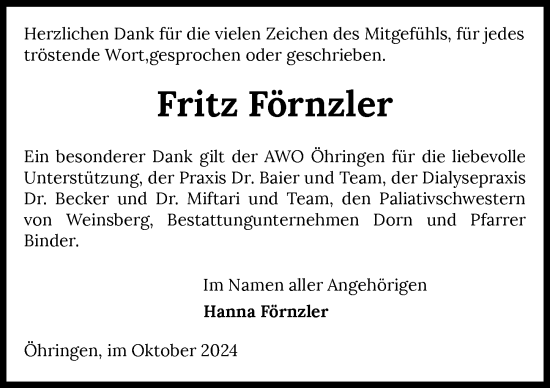 Traueranzeige von Fritz Förnzler von GESAMT