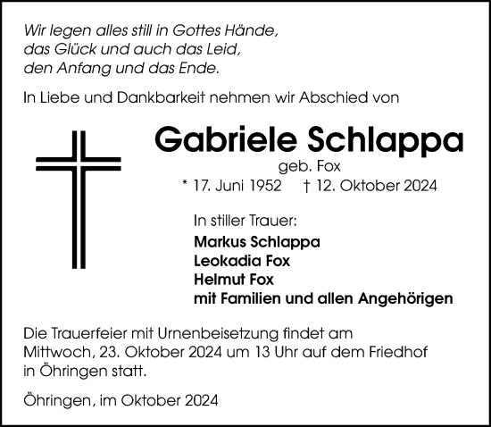 Traueranzeige von Gabriele Schlappa von GESAMT