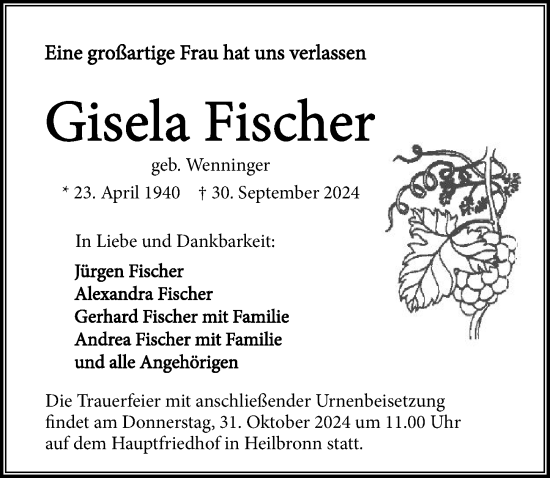 Traueranzeige von Gisela Fischer von GESAMT