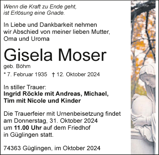 Traueranzeige von Gisela Moser von GESAMT