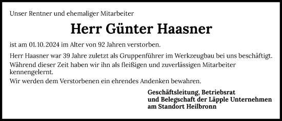 Traueranzeige von Günter Haasner von GESAMT