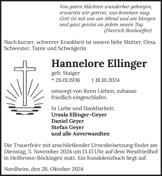 Traueranzeige von Hannelore Ellinger von GESAMT