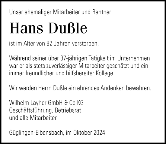 Traueranzeige von Hans Dußle von GESAMT