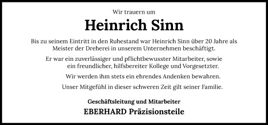 Traueranzeige von Heinrich Sinn von GESAMT