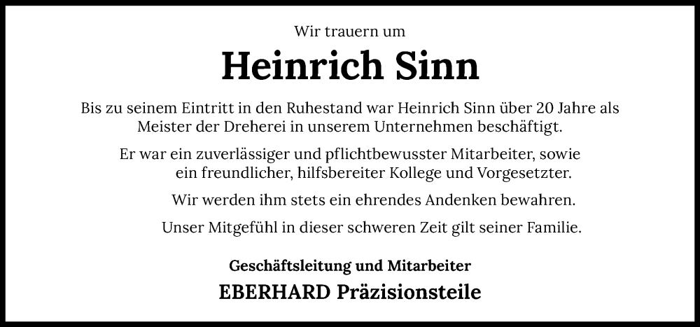  Traueranzeige für Heinrich Sinn vom 05.10.2024 aus GESAMT