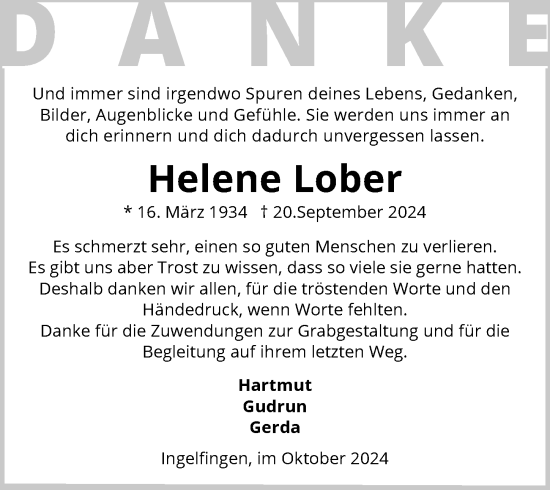 Traueranzeige von Helene Lober von GESAMT