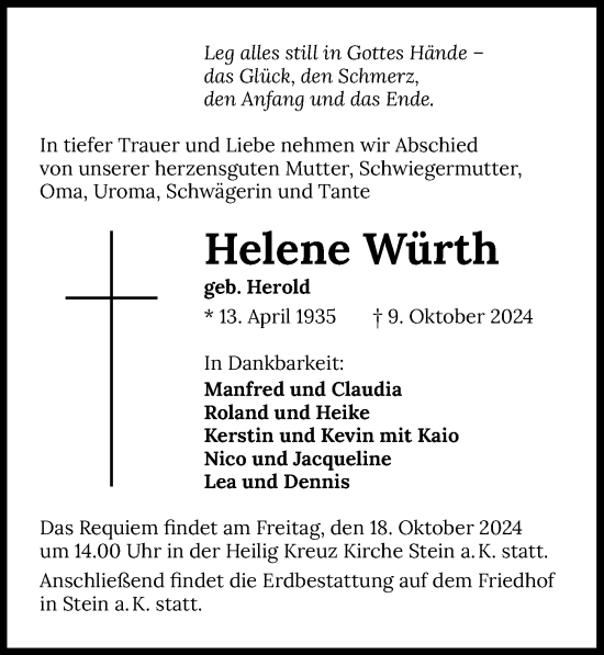 Traueranzeige von Helene Würth von GESAMT