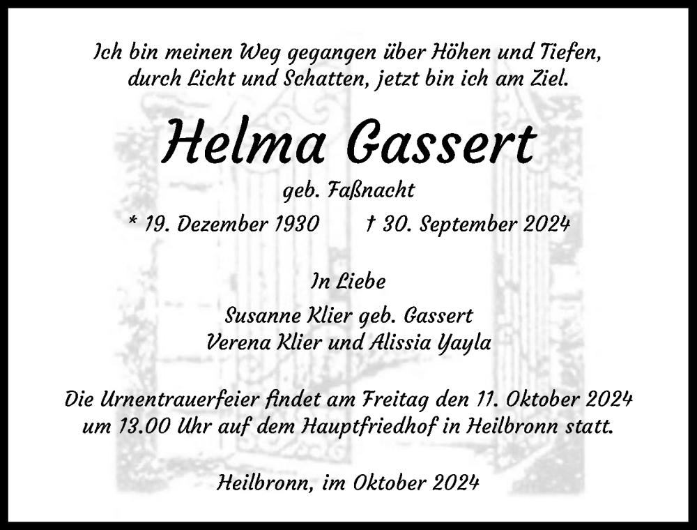  Traueranzeige für Helma Gassert vom 05.10.2024 aus GESAMT