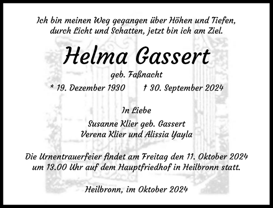 Traueranzeige von Helma Gassert von GESAMT