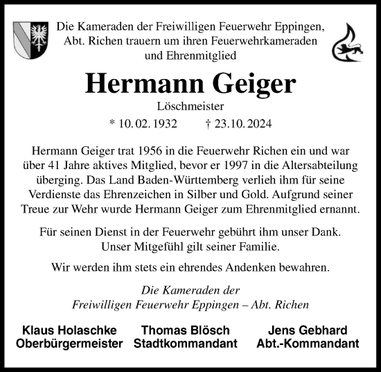 Traueranzeige von Hermann Geiger von GESAMT