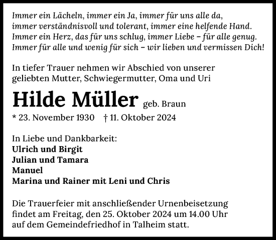 Traueranzeige von Hilde Müller von GESAMT