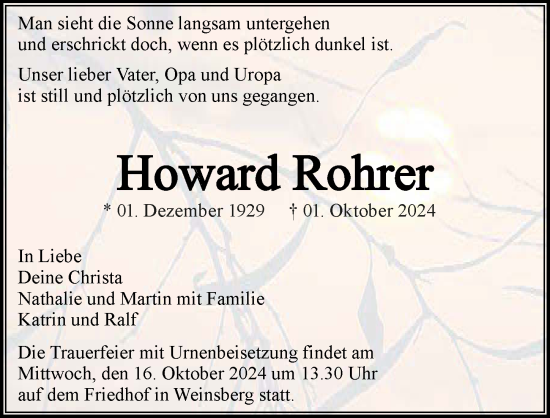 Traueranzeige von Howard Rohrer von GESAMT