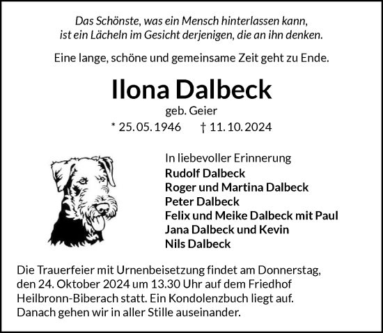 Traueranzeige von Ilona Dalbeck von GESAMT