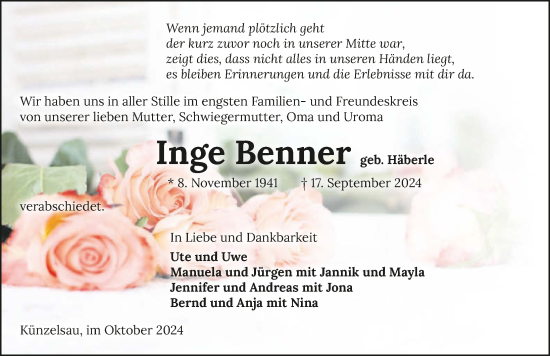 Traueranzeige von Inge Benner von GESAMT