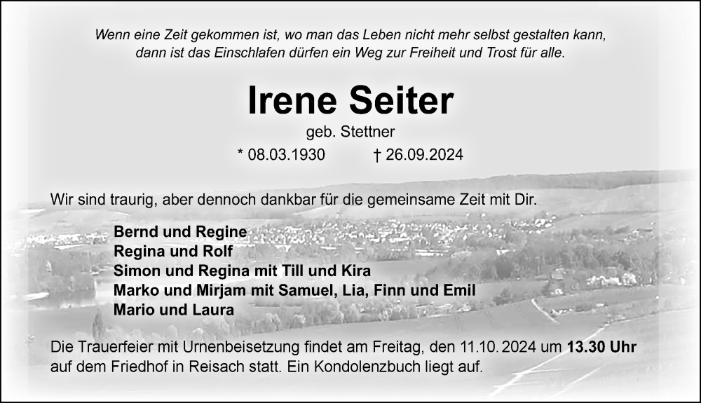  Traueranzeige für Irene Seiter vom 05.10.2024 aus GESAMT