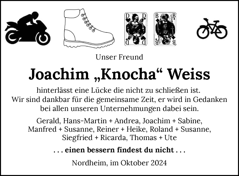  Traueranzeige für Joachim Weiss vom 19.10.2024 aus GESAMT