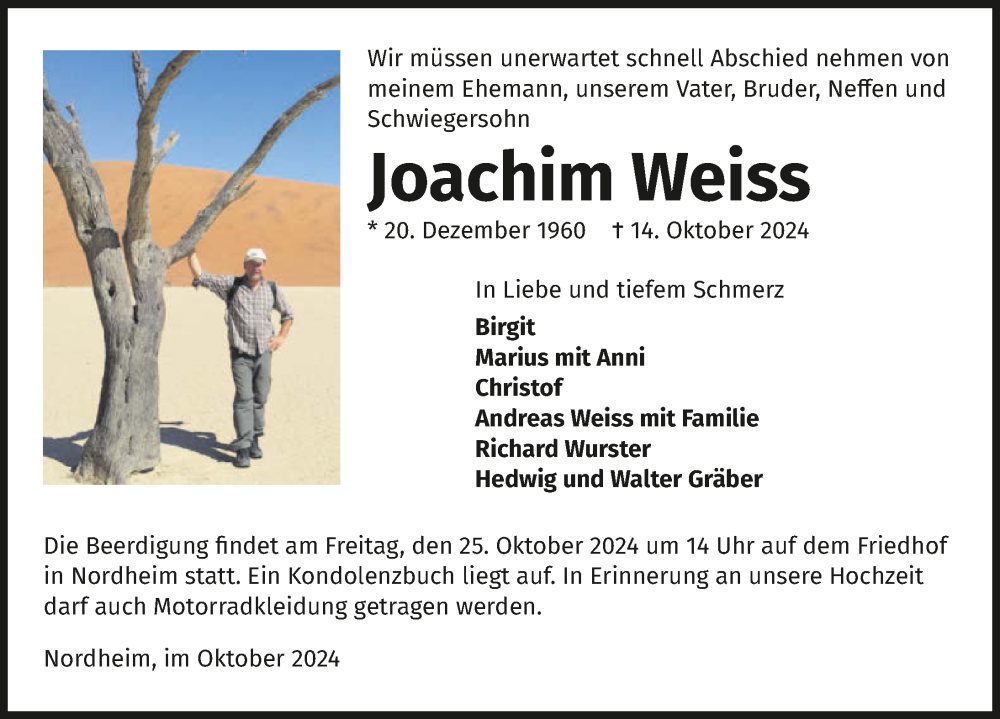  Traueranzeige für Joachim Weiss vom 19.10.2024 aus GESAMT