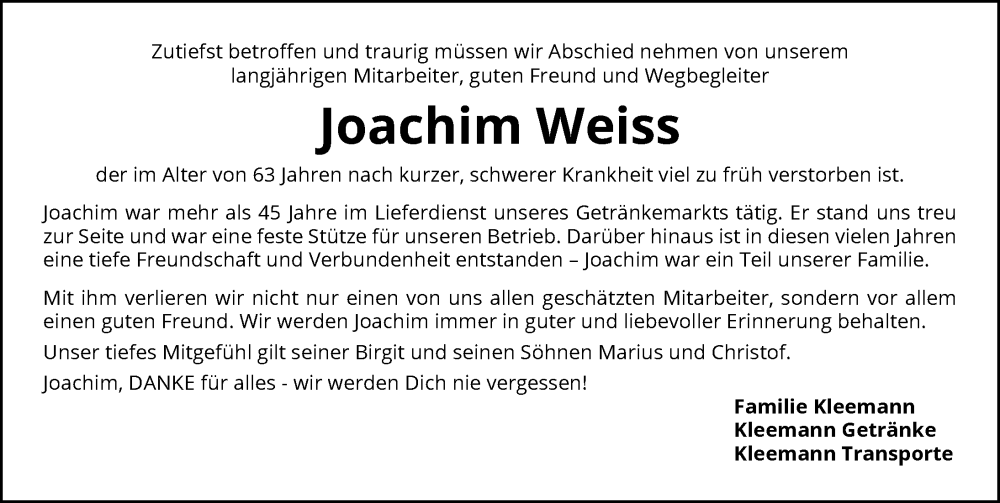  Traueranzeige für Joachim Weiss vom 19.10.2024 aus GESAMT