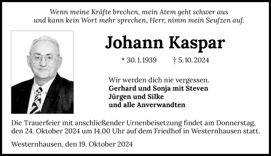 Traueranzeige von Johann Kaspar von GESAMT