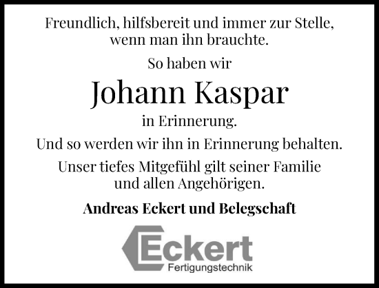 Traueranzeige von Johann Kaspar von GESAMT