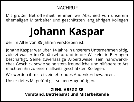 Traueranzeige von Johann Kaspar von GESAMT