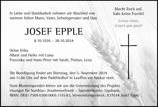 Traueranzeige von Josef Epple von GESAMT