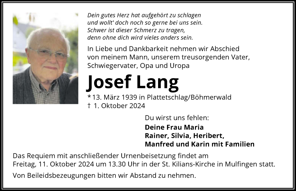  Traueranzeige für Josef Lang vom 08.10.2024 aus GESAMT