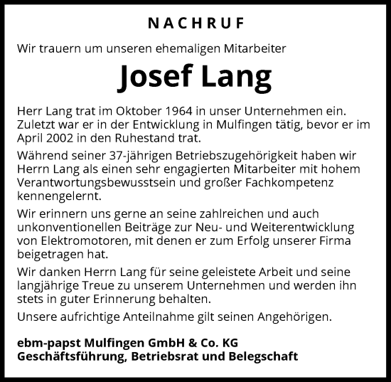 Traueranzeige von Josef Lang von GESAMT