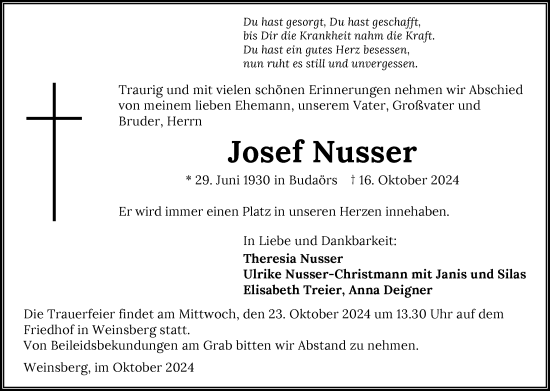 Traueranzeige von Josef Nusser von GESAMT