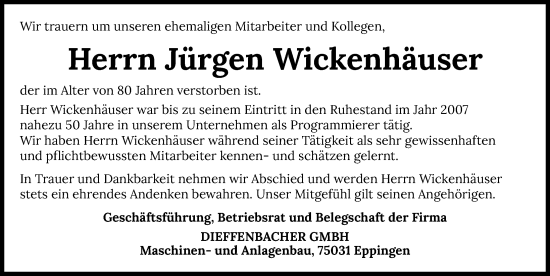 Traueranzeige von Jürgen Wickenhäuser von GESAMT