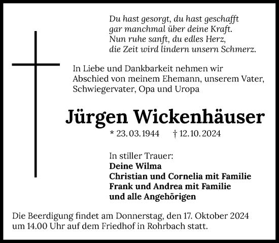 Traueranzeige von Jürgen Wickenhäzuser von GESAMT