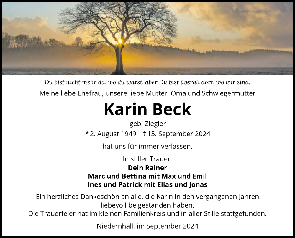  Traueranzeige für Karin Beck vom 05.10.2024 aus GESAMT