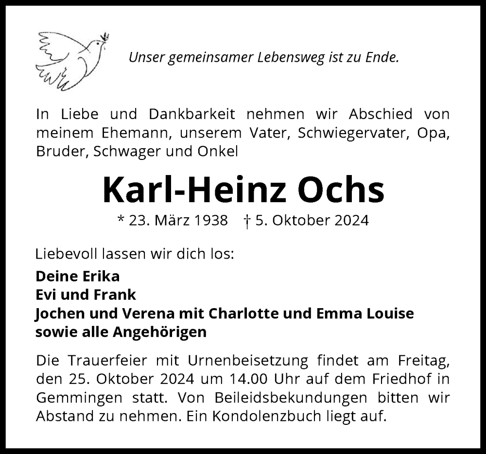  Traueranzeige für Karl-Heinz Ochs vom 19.10.2024 aus GESAMT