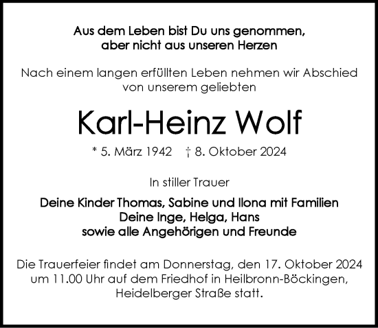 Traueranzeige von Karl-Heinz Wolf von GESAMT