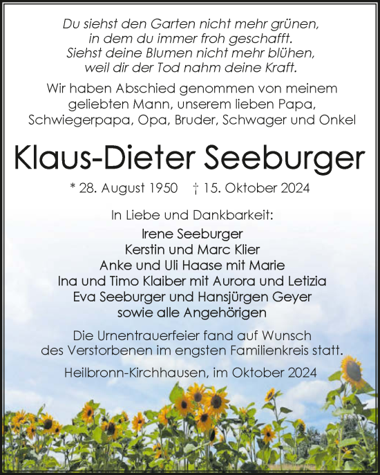 Traueranzeige von Klaus-Dieter Seeburger von GESAMT