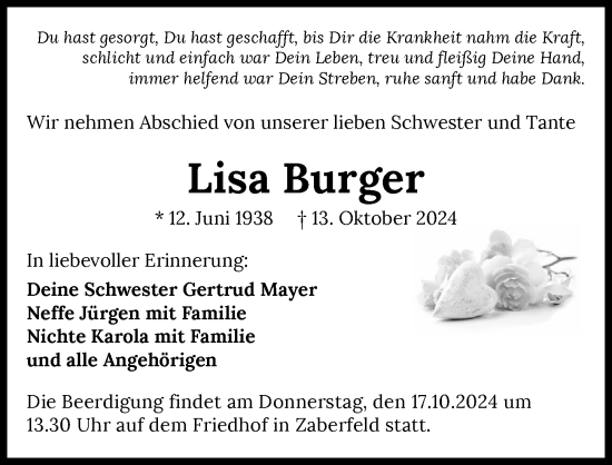 Traueranzeige von Lisa Burger von GESAMT