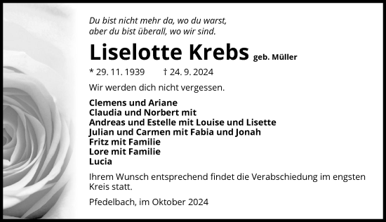 Traueranzeige von Liselotte Krebs von GESAMT