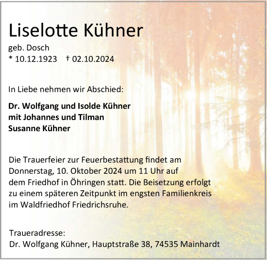 Traueranzeige von Liselotte Kühner von GESAMT