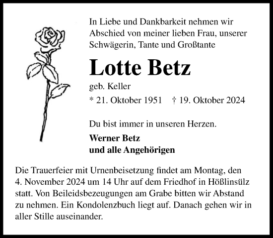 Traueranzeige von Lotte Betz von GESAMT