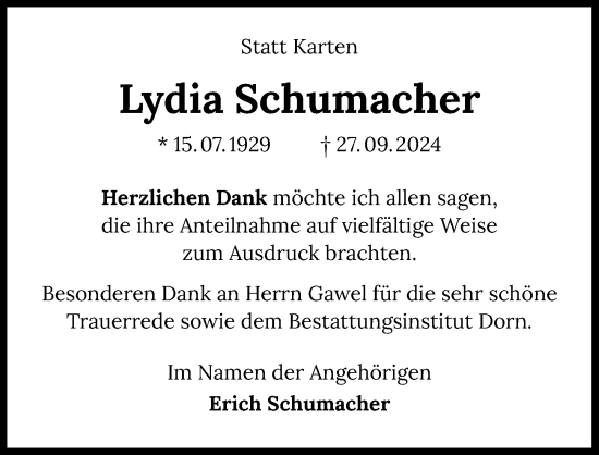 Traueranzeige von Lydia Schumacher von GESAMT