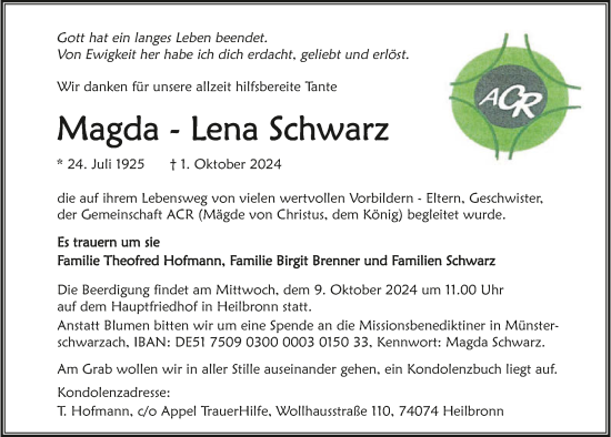 Traueranzeige von Magda-Lena Schwarz von GESAMT