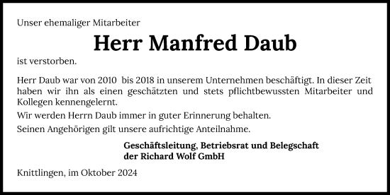 Traueranzeige von Manfred Daub von GESAMT