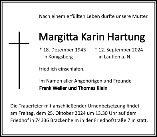 Traueranzeige von Margit Karin Hartung von GESAMT