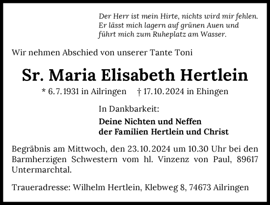 Traueranzeige von Maria Elisabeth Hertlein von GESAMT